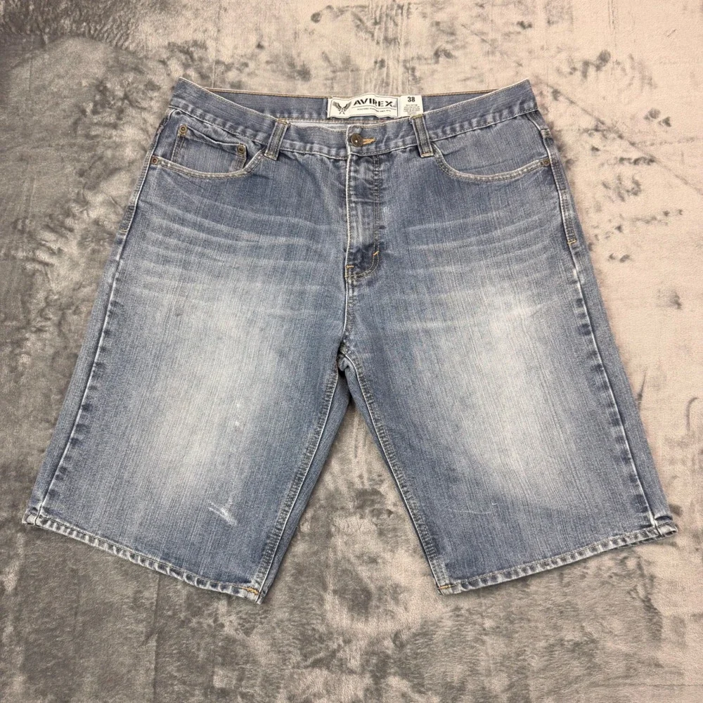 Y2K Avirex Denim Shorts Men 38 Baggy Embroidered Pocket Hip Hop Streetwear Jorts